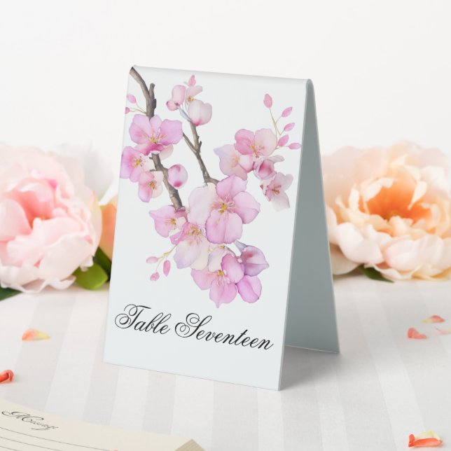 Beautiful pink watercolor cherry Sakura blossoms  Table Tent (In SItu (Wedding))