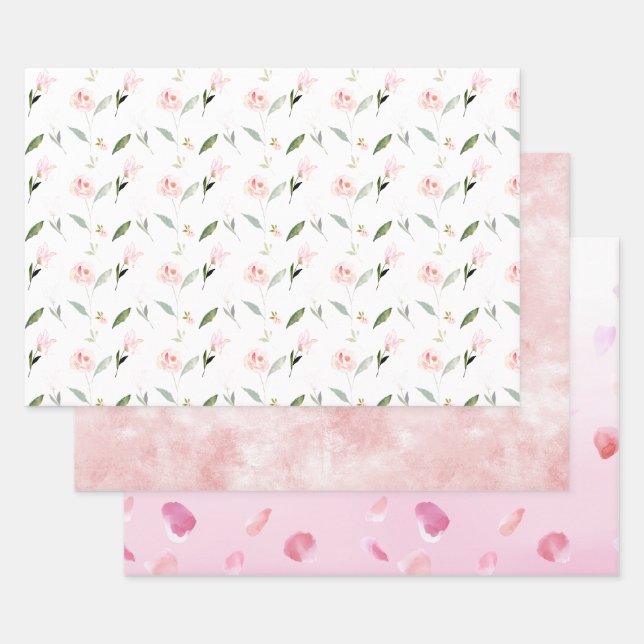 Beautiful Pink Watercolor Floral Wrapping Paper Sheets (Set)