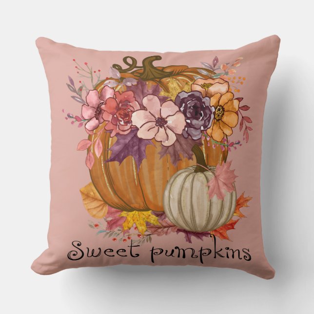 Beautiful Pink Watercolor Pumpkin and Fall Flowers Throw Pillow (Front)