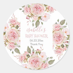 Beautiful Pink Watercolor Rose Floral Baby Shower  Classic Round Sticker