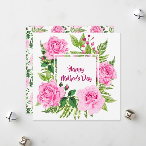 Beautiful Pink Watercolor Roses Mothers Day Holiday Card