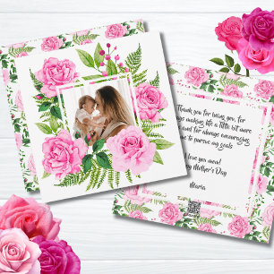 Beautiful Pink Watercolor Roses Photo Mother’s Day Holiday Card