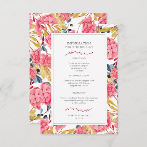 Beautiful Pink Wedding Day Information Card