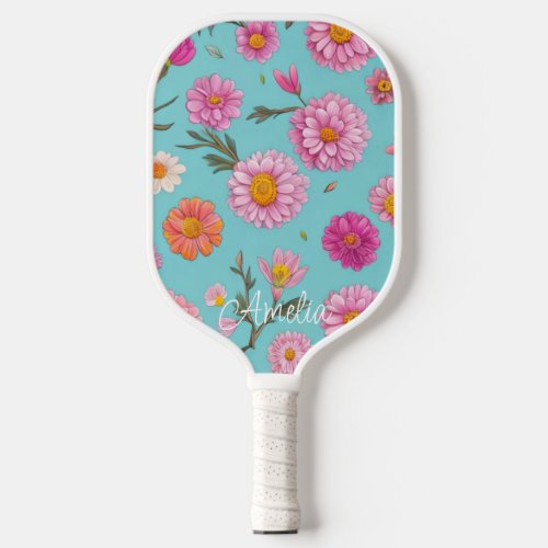 Beautiful pink white daisies teal background pickleball paddle