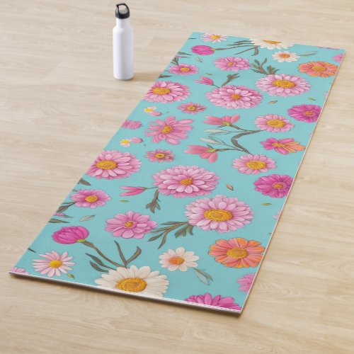 Beautiful pink white daisies teal background yoga mat