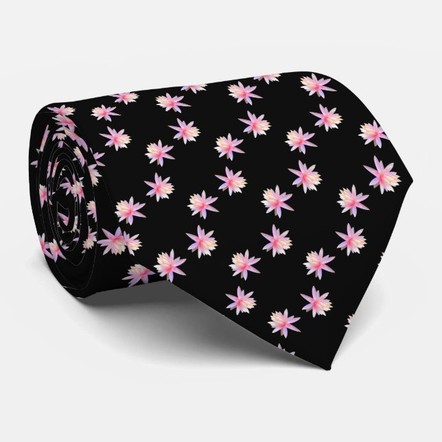 Beautiful Pink White Lotus Flower Pattern Neck Tie (Rolled)