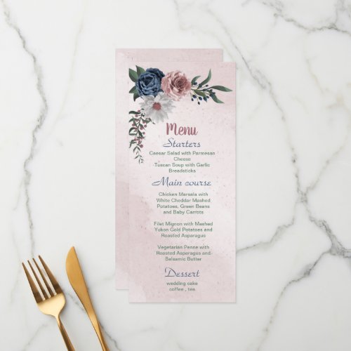 Beautiful pink white navy blue flower greenery menu