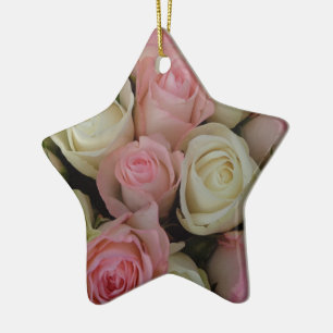 Beautiful Pink White Roses Flower Bouquet Ceramic Ornament