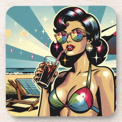 Beautiful Pinup Woman with a Cola on the Beach Beverage Coaster