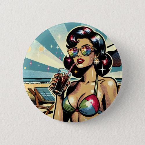 Beautiful Pinup Woman with a Cola on the Beach Button