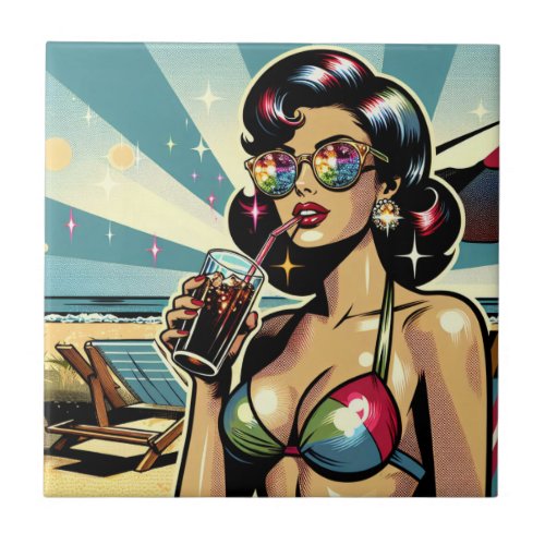 Beautiful Pinup Woman with a Cola on the Beach Ceramic Tile