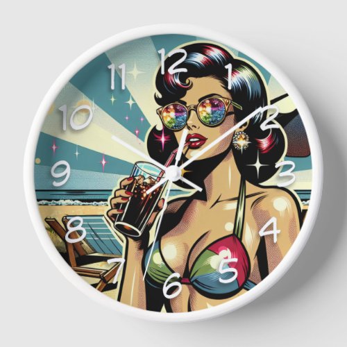 Beautiful Pinup Woman with a Cola on the Beach Clock