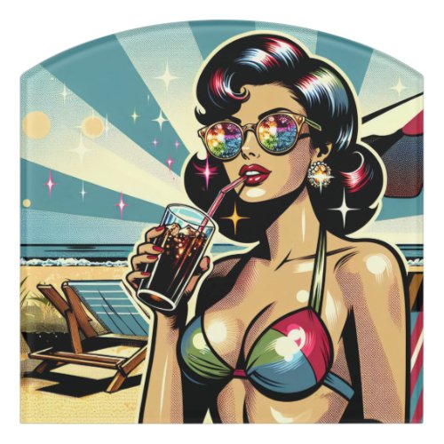 Beautiful Pinup Woman with a Cola on the Beach Door Sign