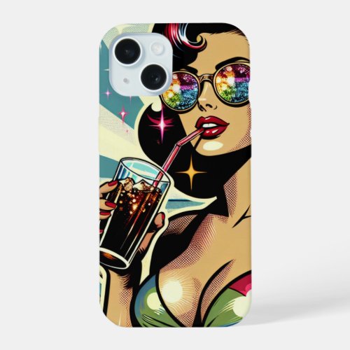 Beautiful Pinup Woman with a Cola on the Beach iPhone 15 Case
