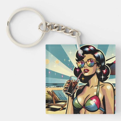 Beautiful Pinup Woman with a Cola on the Beach Keychain