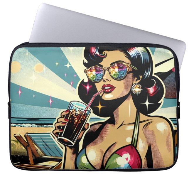 Beautiful Pinup Woman with a Cola on the Beach Laptop Sleeve (Front)