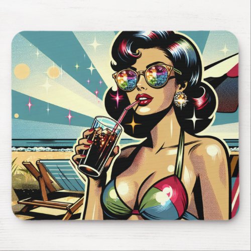 Beautiful Pinup Woman with a Cola on the Beach Mouse Pad