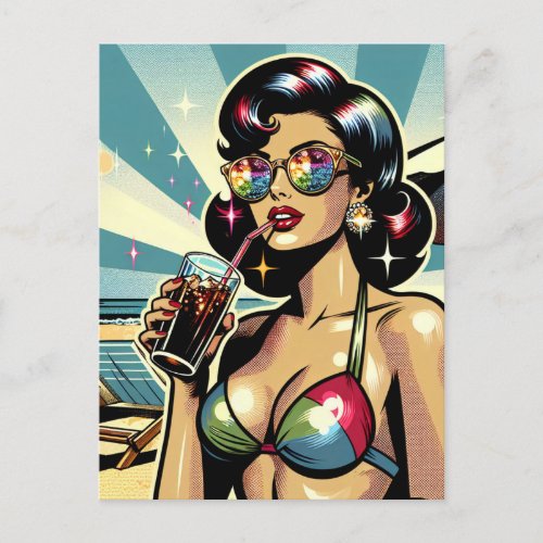 Beautiful Pinup Woman with a Cola on the Beach Postcard