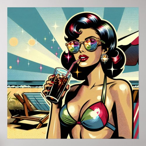 Beautiful Pinup Woman with a Cola on the Beach Poster