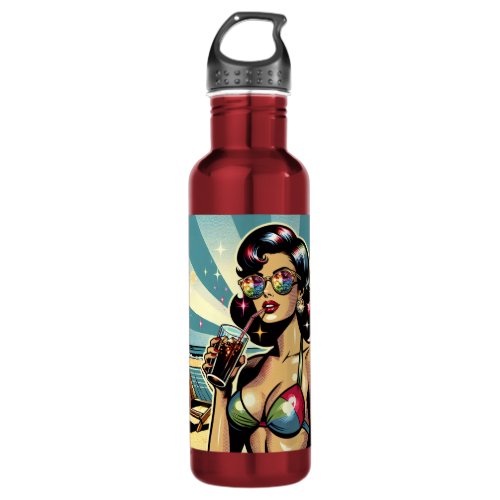 Beautiful Pinup Woman with a Cola on the Beach Stainless Steel Water Bottle