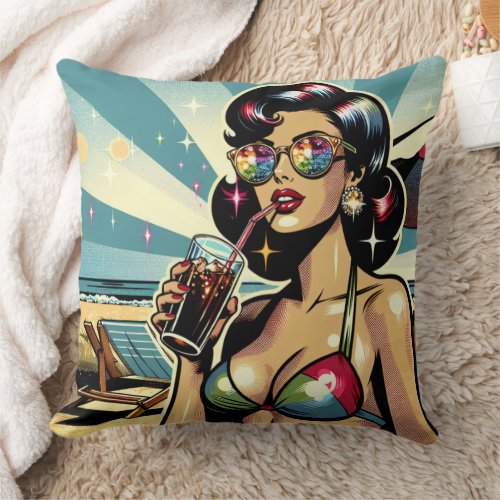 Beautiful Pinup Woman with a Cola on the Beach Throw Pillow