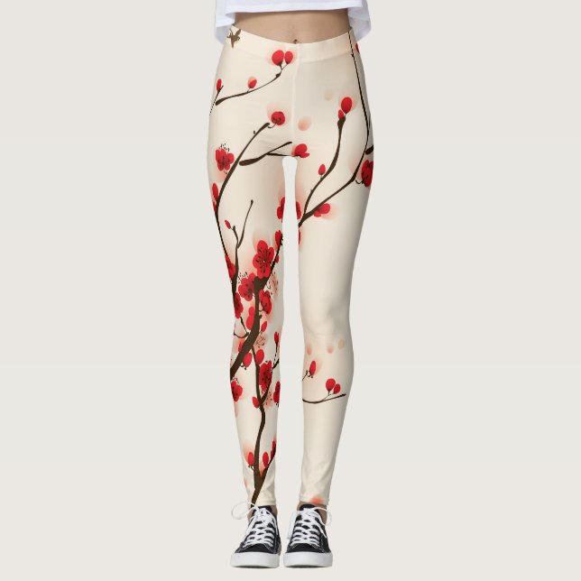 Beautiful Plum Blossom in Spring Watercolor Leggings (Front)