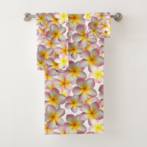 Beautiful Plumeria Flowers on White Bath Towel Set