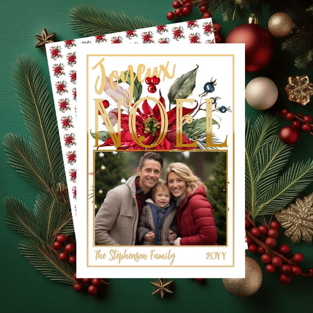 Beautiful Poinsettia and Berries Joyeux Noël  Foil Holiday Card ("Joyeux Noël" French "Merry Christmas" Gold Foil and White Poinsettia | Berries Flat Greeting Card)
