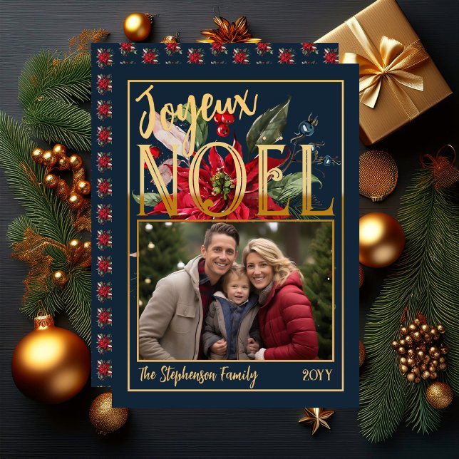 Beautiful Poinsettia and Berries Joyeux Noël  Holiday Card ("Joyeux Noël" French "Merry Christmas" Faux Foil and Blue Poinsettia | Berries Flat Greeting Card)