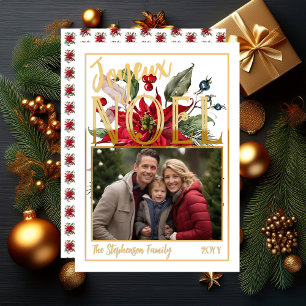 Beautiful Poinsettia and Berries Joyeux Noël Holiday Card