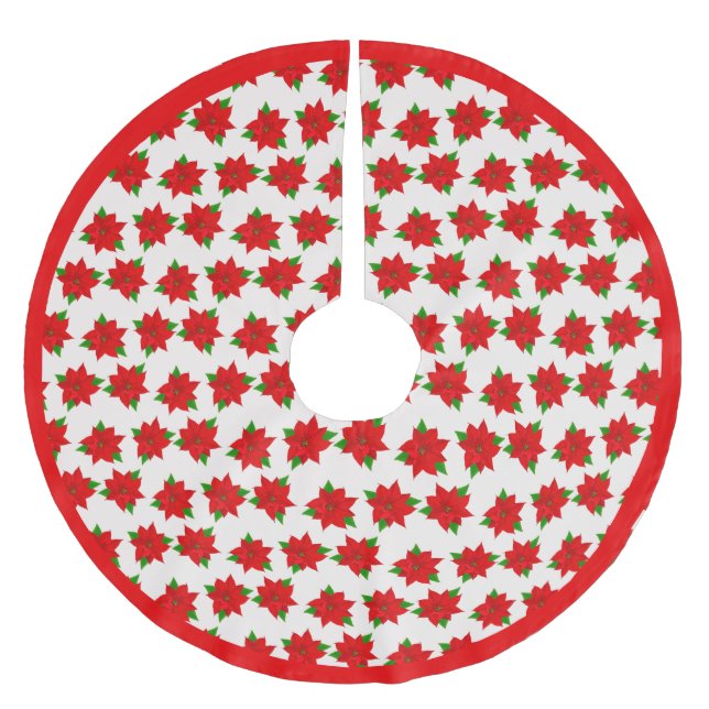Beautiful poinsettia flower pattern on light beige brushed polyester tree skirt (Front)