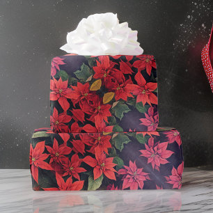 Beautiful Poinsettia Flowers Red Green Gold Wrapping Paper