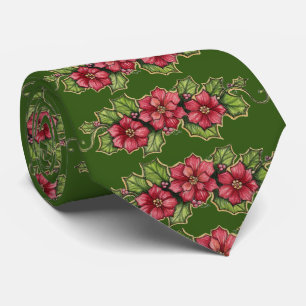 Beautiful Pointsettia on  Dark Green Christmas Neck Tie