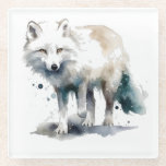 Beautiful polar fox in white and blue watercolor glass coaster<br><div class="desc">watercolor painting of a beautiful white polar fox with yellow ice in white and blue colors</div>