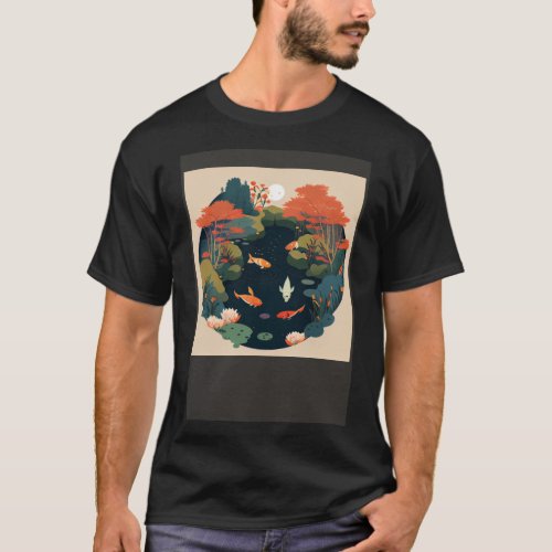 Beautiful Pond in autumn sun over forest with Koi  T_Shirt