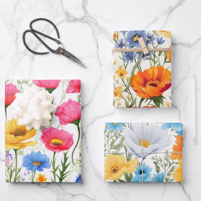 Beautiful Poppies Field Flowers Shower Wrapping Paper Sheets (Front)