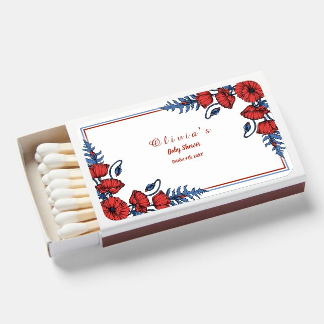 Beautiful Poppy Floral Personalized Baby Shower Ma Matchboxes (Front Open)