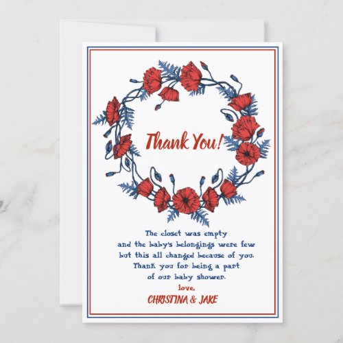 Beautiful Poppy Floral Personalized Baby Shower Thank You Card