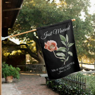 Beautiful Poppy, JUST MARRIED Wedding House Flag