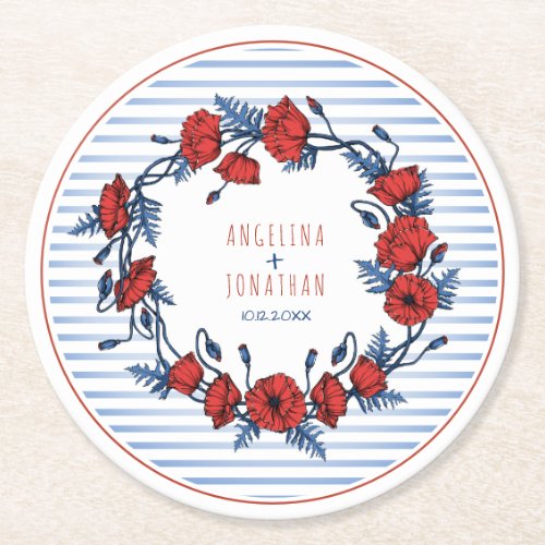 Beautiful Poppy Wreath Floral  Stripes Round Paper Coaster