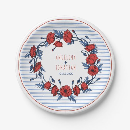 Beautiful Poppy Wreath Floral  Stripes Wedding Paper Plates