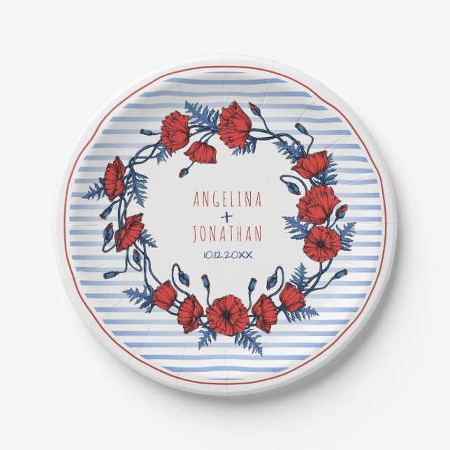 Beautiful Poppy Wreath Floral & Stripes Wedding Paper Plates (Front)