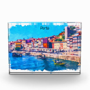 Beautiful Porto Portugal Panorama View Watercolor Photo Block