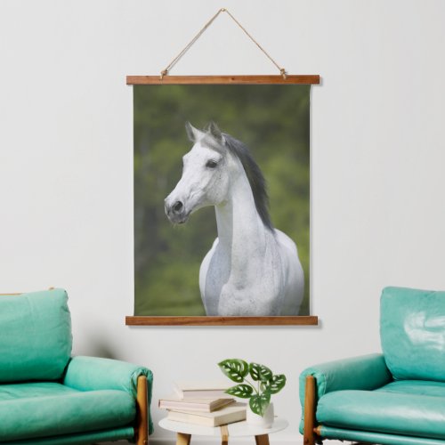 Beautiful Portrait of White Horse Green Background Hanging Tapestry