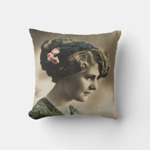 Beautiful portrait of woman 1919 art deco vintage throw pillow