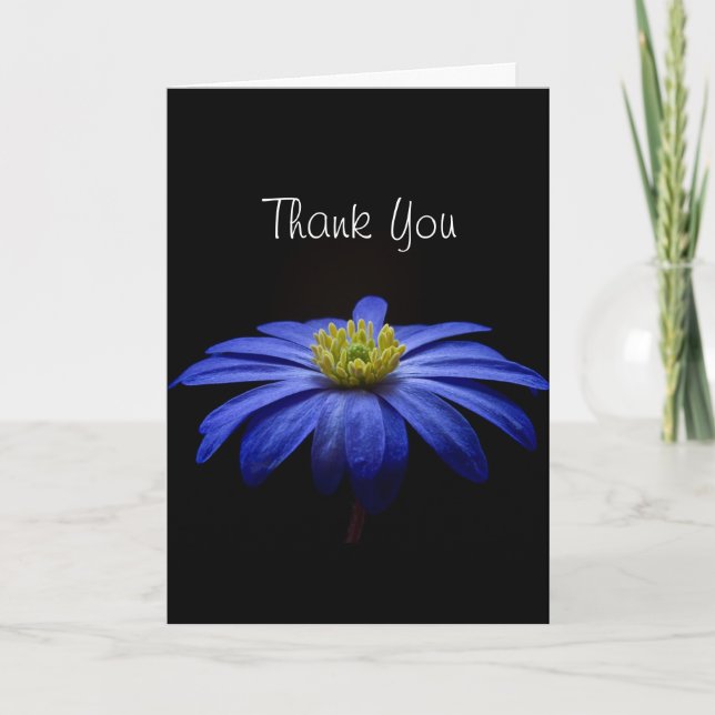 Beautiful Pretty Blue Flower on Black Thank You Card (Front)