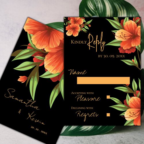 Beautiful Pretty Dark Moody Orange Floral Wedding RSVP Card