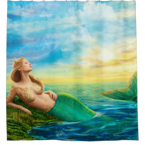 Beautiful princess_ fantasy mermaid at sunset shower curtain