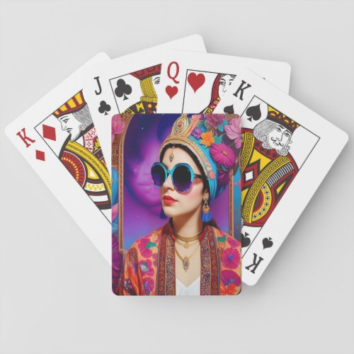 Beautiful princess with sunglasses playing cards