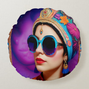 Beautiful princess with sunglasses round pillow